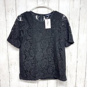 Madewell Blouse Women XS Black Lace Refined Tee Round Neck Short Sleeve Zip Back